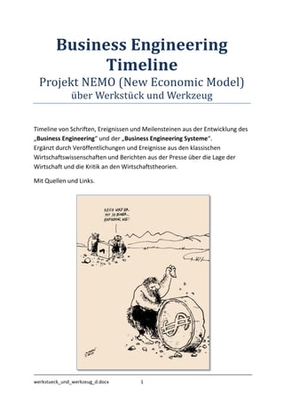 werkstueck_und_werkzeug_d.docx 1
Business Engineering
Timeline
Projekt NEMO (New Economic Model)
über Werkstück ünd Werkzeüg
Timeline von Schriften, Ereignissen und Meilensteinen aus der Entwicklung des
„Business Engineering“ und der „Business Engineering Systeme“.
Ergänzt durch Veröffentlichungen und Ereignisse aus den klassischen
Wirtschaftswissenschaften und Berichten aus der Presse über die Lage der
Wirtschaft und die Kritik an den Wirtschaftstheorien.
Mit Quellen und Links.
 