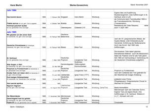 Hans Martin                                                                         Werke-Verzeichnis                                                    Stand: November 2007


Jahr 1964
                                                                                                                                         Eigene Idee und Ausführung
                                                                                                                                         Musikarrangement. Zwei Aufführungen in St.
Das kommt davon                                 1964      1. Februar 1964   Singspiel        Hans Martin          Würzburg               Gertraud, eine in Lohr.
                                                                                                                                         als Communio beim Franziskusfest 1964 in
                                                                                                                                         der Franziskanerkirche, Würzburg
Fidelis servus für 4-st. gem. Chor a cappella   1964      4. Oktober 1964   Motette          Bibeltext            Würzburg               (Transskription).
Victimae paschali laudes                                                                                                                 Bearbeitung der Oster-Sequenz;       siehe
für 4-st. gemischten Chor und Orgel             1964                        Ostersequenz     Gotteslob 215        Würzburg               auch 11.April 1991

Jahr 1965
Wir glauben an den einen Gott                                               Glaubens-
für Gemeinde, 4-st. gem. Chor und Orgel         1965     19. Februar 1965   Bekenntnis       Gotteslob            Würzburg
                                                                                                                                         nach der VII. gregorianischen Messe, der
                                                                                                                                         Duplex-Messe, unter Einbeziehung der
                                                                                                                                         Gemeinde. Einführung der Muttersprache
Deutsche Choralmesse für Vorsänger,                                                                                                      durch das Konzil. Seit 1965 viele
Gemeinde, 4-st. gem. Chor und Orgel             1965     19. Februar 1965   Messe            Mess-Text            Würzburg               Aufführungen.

                                                                                                                                         Die einzelnen Teile haben gleiches
                                                                                                                                         thematisches Material - auch die falsobordoni -
                                                                                                                                         Sätze der Psalmen sind für alle Teile gleich.
St. Gertraud                                                                Deutsches                                                    Seit 1965 am Gertraudstag in Verbindung mit
für 4-st. gemischten Chor und Orgel             1965        1. März 1965    Proprium     Liturgischer Text        Würzburg               der Deutschen Choralmesse aufgeführt.
                                                                                         Stufenlied,
Aller Augen, o Herr                                                       Gemeindegesän- Opferungslied,
für Gemeinde, 4-st. gem. Chor und Orgel         1965        22. Mai 1965 ge              Kommunionlied            Würzburg
Proprium zu Fronleichnam für Gemeinde, 4-                                 Deutsches
st. gemischten Chor und Orgel                   1965         5. Juni 1965 Proprium       Liturgischer Text        Würzburg               Proprium zu Fronleichnam
Großer Gott, wir loben dich für Gemeinde, 4-                                                                                             nach dem Gotteslob den Text geändert für
st. gem. Chor und Orgel                         1965        15. Juni 1965 Liedkantate        Ignaz Franz (1771)   Würzburg               den Abschluß der Ewigen Anbetung
Zum ewigen Hohenpriester                                                  Deutsches
für Gemeinde, 4-st. Gemischten Chor und Orgel   1965         8. Juni 1965 Proprium           Liturgischer Text    Würzburg               anlässlich einer Primiz
                                                                                                                                         Pfingstsequenz. Gregorianischer Choral im
Veni sancte spiritus                            1965                1965                     Liturgischer Text    Würzburg               Wechsel mit Chorsatz.
Signum magnum                                                            Lateinisches
für 4-st. gem. Chor und Orgel                   1965     15. August 1965 Proprium            Liturgischer Text    Kronburg, Zams/Tirol   Mariä Himmelfahrt
                                                                                                                                         Märchenoper nach den Gebrüder Grimm.
                                                                                                                                         Eigener Text und eigene Musik. Drei
                                                                                                                                         Aufführungen in St. Gertraud. Weitere in
Der Bärenhäuter                                 1965   17. November 1965 Märchenoper         Hans Martin          Würzburg               U.L.F., Kürnach und Lohr.
Gerechtigkeit hast du geliebt                                            Deutsches
für Gemeinde, 4-st. gem. Chor und Orgel         1965                     Proprium            Liturgischer Text    Würzburg
Psalm 97 für 4-st. gemischten Chor a cappella   1965    1. Dezember 1965 Psalm               Altes Testament      Würzburg               Christmette

     Berlin / Dettelbach                                                                                                                                                            14
 
