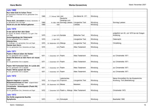 Hans Martin                                                                                   Werke-Verzeichnis                                         Stand: November 2007


Jahr 1969
Nun lobet Gott im hohen Thron
für Gemeinde im Wechsel mit 4-st. gemischten Chor
und Orgel                                               1969     17. Februar 1969 Lied            Ave Maria Nr. 371        Würzburg
                                                                                  Deutsche
Freue dich, Jerusalem für Kantor, Gemeinde, 4-                                    Gesänge zum
st. gemischten Chor und Orgel                           1969        16. März 1969 Sonntag Laetare Liturgischer Text        Würzburg   Sonntag Laetare
Heute ist uns der Heiland geboren                       1969                 1969                 Liedsatz                 Würzburg

Jahr 1970
O wie süß ist Herr dein Geist
für Sopran, Alt, Bariton, Kinderchor, 4-st. gem. Chor                                                                                 aufgeführt am 05. Juli 1970 bei der Ewigen
und Orgel                                               1970          2. April 1970   Kantate          Biblischer Text     Würzburg   Anbetung
Antwortgesänge der Osternacht
für 4-st. gemischten Chor a cappella                    1970          2. April 1970                    Liturgischer Text   Würzburg   Osternacht
Alleluja-Vers
für Vorsänger, 4-st. gemischten Chor und Orgel          1970   18. September 1970     Alleluja         Liturgischer Text   Würzburg   Christkönig
Danket dem Herrn
für 4-st. gemischten Chor, Gemeinde und Orgel           1970                 1970     Psalm            Altes Testament     Würzburg

Jahr 1971
Psalm 2 Warum toben die Heiden
für 4-st. gemischten Chor a cappella                    1971    1. Dezember 1971      Psalm            Altes Testament     Würzburg   zur Christmette 1971
Psalm 98 Stimmt an dem Herrn ein neues
Lied
für 4-st. gemischten Chor a cappella                    1971    1. Dezember 1971      Psalm            Altes Testament     Würzburg   zur Christmette 1971

Psalm 100 Frohlocket Gott, ihr Lande alle
für 4-st. gemischten Chor a cappella                    1971    1. Dezember 1971      Psalm            Altes Testament     Würzburg   zur Christmette 1971
Psalm 109 Es sprach der Herr
für 4-st. gemischten Chor a cappella                    1971    1. Dezember 1971      Psalm            Altes Testament     Würzburg   zur Christmette 1971

Jahr 1972
                                                                                      Lateinisches                                    Maria Himmelfahrt für die Klosterkirche
Signum magnum a cappella                                1972    für 15.August 1972    Proprium         Liturgischer Text   Würzburg   Kronburg, Tirol (Bearbeitung)
Rosenkranzmesse a 3 voci umgeschrieben
für 3 Singstimmen und Orgel                             1972   29. September 1972     Messe            Messtext            Würzburg
Christmette - Antwortpsalm (Psalm 94)
und Alleluja
für 4-st. gemischten Chor, Gemeinde und Orgel           1972    1. Dezember 1972      Psalm u. Alleluja Altes Testament    Würzburg   Christmette 1972

Jahr 1973
Die fünfte sogenannte feuchte
Symphonie                                               1973                 1973     Schulspiel                           Würzburg   Bearbeitet 1992


     Berlin / Dettelbach                                                                                                                                                        16
 
