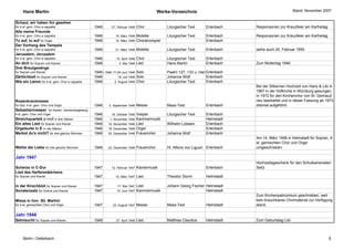 Hans Martin                                                                           Werke-Verzeichnis                                            Stand: November 2007


Schaut, wir haben ihn gesehen
für 4-st. gem. Chor a cappella                 1946       27. Februar 1946    Chor             Liturgischer Text     Erlenbach    Responsorien zur Kreuzfeier am Karfreitag
Alle meine Freunde
für 4-st. gem. Chor a cappella                 1946          10. März 1946    Motette          Liturgischer Text     Erlenbach    Responsorien zur Kreuzfeier am Karfreitag
Tu auf, tu auf für Orgel                       1946          14. März 1946    Choralvorspiel                         Erlenbach
Der Vorhang des Tempels
für 4-st. gem. Chor a cappella                 1946          21. März 1946    Motette          Liturgischer Text     Erlenbach    siehe auch 20. Februar 1950
Jerusalem, Jerusalem
für 4-st. gem. Chor a cappella                 1946          15. April 1946   Chor             Liturgischer Text     Erlenbach
An dich für Sopran und Klavier                 1946            3. Mai 1946    Lied             Hans Martin           Erlenbach    Zum Muttertag 1946
Drei Brautgesänge
für Sopran und Klavier                          18.05.1946-17./24.Juni 1946 Solo
                                               1946                                                                 Erlenbach
                                                                                               Psalm 127, 133 u. Hans M.
Zärtlichkeit für Sopran und Klavier            1946            19. Juli 1946 Solo              Johanna Wolf         Erlenbach
Wie ein Lamm für 4-st. gem. Chor a cappella    1946         2. August 1946 Chor                Liturgischer Text    Erlenbach
                                                                                                                                  Bei der Silbernen Hochzeit von Hans & Lilo in
                                                                                                                                  1967 in der Hofkirche in Würzburg gesungen.
                                                                                                                                  In 1972 für den Kirchenchor von St. Gertraud
Rosenkranzmesse                                                                                                                   neu bearbeitet und in dieser Fassung ab 1973
für Soli, 4-st. gem. Chor und Orgel            1946      5. September 1946    Messe            Mess-Text             Erlenbach    dreimal aufgeführt.
Sebastianivesper für Kantor, Gemeindegesang,
4-st. gem. Chor und Orgel                      1946       16. Oktober 1946Vesper               Liturgischer Text     Erlenbach
Streichquartett a-moll in drei Sätzen          1946      1. November 1946 Kammermusik                                Helmstadt
Ein altes Lied für Sopran und Klavier          1946     14. November 1946 Lied                 Wilhelm Lobsien       Erlenbach
Orgelsuite in E in vier Sätzen                 1946     18. Dezember 1946 Orgel                                      Erlenbach
Merkst du's nicht? für drei gleiche Stimmen    1946     20. Dezember 1946 Frauenchor           Johanna Wolf          Erlenbach
                                                                                                                                  Am 14. März 1948 in Helmstadt für Sopran, 4-
                                                                                                                                  st. gemischten Chor und Orgel
Weihe der Liebe für drei gleiche Stimmen       1946     23. Dezember 1946     Frauenchor       Hl. Alfons von Liguori Erlenbach   umgeschrieben

Jahr 1947
                                                                                                                                  Hochzeitsgeschenk für den Schulkameraden
Scherzo in C-Dur                               1947       12. Februar 1947    Klaviermusik                           Erlenbach    Seitz
Lied des Harfenmädchens
für Sopran und Klavier                         1947          10. März 1947    Lied             Theodor Storm         Helmstadt

In der Kirschblüt für Sopran und Klavier       1947           17. Mai 1947    Lied             Johann Georg Fischer Helmstadt
Sonatensatz für Violine und Klavier            1947           15. Juni 1947   Kammermusik                           Helmstadt
                                                                                                                                  Zum Kirchenpatrozinium geschrieben, weil
Missa in hon. Sti. Martini                                                                                                        kein brauchbares Chormaterial zur Verfügung
für 4-st. gemischten Chor und Orgel            1947        23. August 1947    Messe            Mess-Text             Helmstadt    stand.

Jahr 1948
Sehnsucht für Sopran und Klavier               1948          27. April 1948   Lied             Matthias Claudius     Helmstadt    Zum Geburtstag Lilo



     Berlin / Dettelbach                                                                                                                                                      8
 