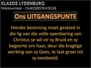 Hierdie besinning moet geskied in
die lig van die volle openbaring van
Christus se wil vir sy Bruid en sy
begeerte om haar, deur die kragtige
werking van sy Gees, te laat groei tot
sy ewebeeld.
 