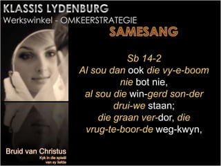 Sb 14-2
Al sou dan ook die vy-e-boom
nie bot nie,
al sou die win-gerd son-der
drui-we staan;
die graan ver-dor, die
vrug-te-boor-de weg-kwyn,
 