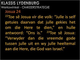 Josua 24
22Toe sê Josua vir die volk: “Julle is self
getuies daarvan dat julle gekies het
om die Here te dien,” en hulle
antwoord: “Ons is.” 23Toe sê Josua:
“Verwyder dan die vreemde gode
tussen julle uit en wy julle heeltemal
aan die Here, die God van Israel.”
 