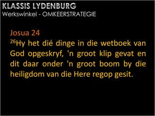 Josua 24
26Hy het dié dinge in die wetboek van
God opgeskryf, 'n groot klip gevat en
dit daar onder 'n groot boom by die
heiligdom van die Here regop gesit.
 