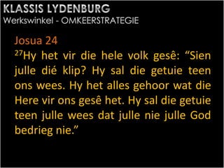 Josua 24
27Hy het vir die hele volk gesê: “Sien
julle dié klip? Hy sal die getuie teen
ons wees. Hy het alles gehoor wat die
Here vir ons gesê het. Hy sal die getuie
teen julle wees dat julle nie julle God
bedrieg nie.”
 