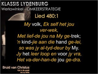 My volk, Ek self het jou
ver-wek,
Met lief-de jou na My ge-trek;
‘n kind-jie aan die hand ge-lei,
so was jy al-tyd-deur by My.
Jy het leer loop en voor jy vra,
Het va-der-han-de jou ge-dra.
 