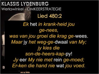 Ek het in krank-heid jou
ge-nees,
was van jou groei die krag ge-wees.
Maar jy het weg-ge-dwaal van My;
jy kies die
son-de-heers-kap-py!
Jy eer My nie met rein ge-moed;
Er-ken die hand nie wat jou voed.
 