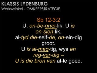 Sb 12-3:2
U, on-be-gryp-lik, U is
on-sien-lik,
al-tyd die-self-de, on-ein-dig
groot.
U is al-mag-tig, wys en
reg-ver-dig –
U is die bron van al-le goed.
 