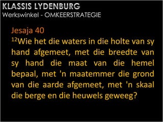 Jesaja 40
12Wie het die waters in die holte van sy
hand afgemeet, met die breedte van
sy hand die maat van die hemel
bepaal, met 'n maatemmer die grond
van die aarde afgemeet, met 'n skaal
die berge en die heuwels geweeg?
 