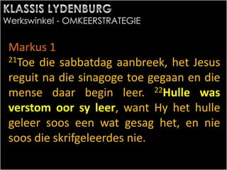 Markus 1
21Toe die sabbatdag aanbreek, het Jesus
reguit na die sinagoge toe gegaan en die
mense daar begin leer. 22Hulle was
verstom oor sy leer, want Hy het hulle
geleer soos een wat gesag het, en nie
soos die skrifgeleerdes nie.
 