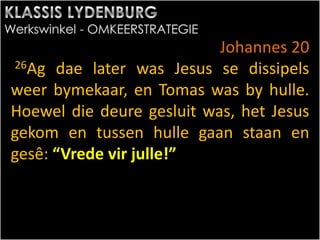 Johannes 20
26Ag dae later was Jesus se dissipels
weer bymekaar, en Tomas was by hulle.
Hoewel die deure gesluit was, het Jesus
gekom en tussen hulle gaan staan en
gesê: “Vrede vir julle!”
 
