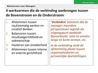 4 werkvormen die de verbinding aanbrengen tussen de Bovenstroom en de Onderstroom Afstemmen tussen routinematig werken en creatief denken Balanceren tussen resultaatgerichtheid en vakmanschap Hanteren van onzekerheid Afstemmen tussen interne en externe gerichtheid ‘ Verbinden ’ betekent dat de manager meerdere perspectieven tegelijk als uitgangspunt aanbiedt: Bijvoorbeeld: ratio  è n emotie; lange  è n korte termijn, etc.  In de verbinding vindt de afstemming plaats tussen organisatiedoelen en persoonlijke doelstellingen.  