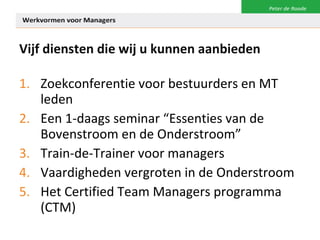 Vijf diensten die wij u kunnen aanbieden Zoekconferentie voor bestuurders en MT leden Een 1-daags seminar “Essenties van de Bovenstroom en de Onderstroom” Train-de-Trainer voor managers Vaardigheden vergroten in de Onderstroom Het Certified Team Managers programma (CTM) 