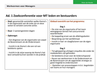 Ad. 1 Zoekconferentie voor MT leden en bestuurders Doel:  gezamenlijk vaststellen welke thema’s in de organsiatie aan de orde zijn en deze weten te vertalen concrete acties Duur : 2 aaneengesloten dagen Opbrengst :  - Een diagnose van de organisatie van zowel de Bovenstroom als de Onderstroom - Inzicht in de thema’s die een rol van betekenis spelen  - Inzicht in de wijze waarop de thema’s het best vertaald kunnen worden in de praktijk Globaal overzicht van het programma: Dag 1 De visie van de organisatie of het team weergegeven binnen het concurrerend waardenkader De koppeling ervan aan de afdelingsdoelen Bespreking van het werkklimaat Inzicht in faal- en slaagfactoren van de eigen organisatie Dag 2 Terugkoppeling uitslagen enquêtes die onder de medewerkers zijn gehouden De betekenis ervan voor de leiderschapsstijl Keuze van werkvormen in de Onderstroom en de Bovenstroom om de opgestelde strategie zo goed mogelijk te ondersteunen  Opstellen van processtappen m.b.t. begeleiden van teams en hun managers 