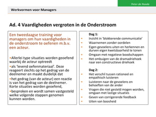 Ad. 4 Vaardigheden vergroten in de Onderstroom Een tweedaagse training voor managers om hun vaardigheden in de onderstroom te oefenen m.b.v. een acteur.   Allerlei type situaties worden geoefend waarbij de acteur optreedt als ‘levend oefenmateriaal’. Deze reageert slechts op het gedrag van de deelnemer en maakt duidelijk dat het gedrag (van de acteur) een reactie is van het gedrag van de deelnemer. Korte situaties worden geoefend, besproken en wordt samen vastgesteld welke volgende stappen genomen kunnen worden. Dag 1: Inzicht in ‘blokkerende communicatie’ Waarnemen zonder oordelen Eigen gevoelens uiten en herkennen en durven eigen kwetsbaarheid te tonen Omgaan met negatieve boodschappen Het ombuigen van de dramadriehoek naar een constructieve driehoek Dag 2: Het verschil tussen rationeel en empathisch luisteren Luisteren naar de gevoelens en behoeften van de ander Vragen die niet gesteld mogen worden, omgaan met lastige situaties Geven van corrigerende feedback Uiten van boosheid 