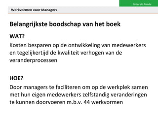 Belangrijkste boodschap van het boek WAT? Kosten besparen op de ontwikkeling van medewerkers en tegelijkertijd de kwaliteit verhogen van de veranderprocessen HOE? Door managers te faciliteren om op de werkplek samen met hun eigen medewerkers zelfstandig veranderingen te kunnen doorvoeren m.b.v. 44 werkvormen  