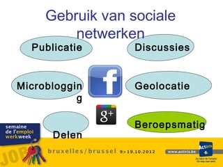 Gebruik van sociale
         netwerken
  Publicatie      Discussies


Microbloggin      Geolocatie
           g

                  Beroepsmatig
      Delen
 