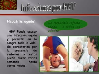 Hepatitis aguda:
HBV Puede causar
una infección aguda
y persistir en la
sangre toda la vida,
Se caracteriza por
la
presencia
de
síntomas y estas
puede durar varias
semanas
hasta
varios meses.

La Hepatitis Afecta
todas
a todas las
edades

 