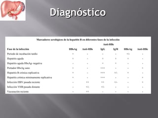 Diagnóstico
Marcadores serológicos de la hepatitis B en diferentes fases de la infección
 
Fase de la infección

Anti-HBc

 

HBsAg

Anti-HBs

IgG

IgM

HBeAg

Anti-HBe

Periodo de incubación tardío

+

-

-

-

+/-

-

Hepatitis aguda

+

-

+

+

+

-

Hepatitis aguda HbsAg- negativa

-

-

+

+

-

-

Portador HbsAg sano

+

-

+++

-

-

+

Hepatitis B crónica replicativa

+

-

+++

+/-

+

-

Hepatitis crónica minimamente replicativa

+

-

+++

-

-

+

Infección HBV pasada reciente

-

++

++

+/-

-

+

Infección VHB pasada distante

-

+/-

+/-

-

-

-

Vacunación reciente

-

++

-

-

-

-

 