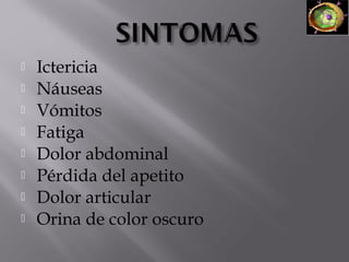 








Ictericia
Náuseas
Vómitos
Fatiga
Dolor abdominal
Pérdida del apetito
Dolor articular
Orina de color oscuro

 