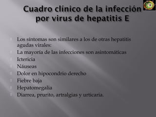 









Los síntomas son similares a los de otras hepatitis
agudas virales:
La mayoría de las infecciones son asintomáticas
Ictericia
Náuseas
Dolor en hipocondrio derecho
Fiebre baja
Hepatomegalia
Diarrea, prurito, artralgias y urticaria.

 