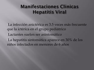 La

infección anictérica es 3.5 veces más frecuente
que la ictérica en el grupo pediátrico
Lactantes suelen ser asintomático
La hepatitis sintomática aparece en 30% de los
niños infectados en menores de 6 años

 