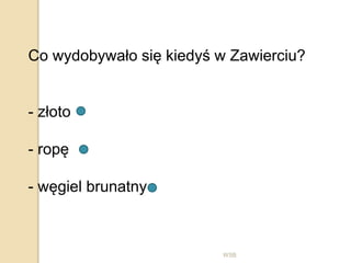 WSB
Co wydobywało się kiedyś w Zawierciu?
- złoto
- ropę
- węgiel brunatny
 