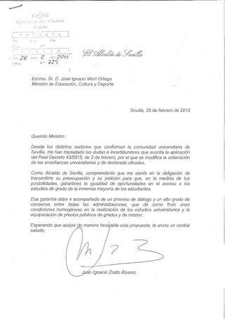 Carta del alcalde Juan Ignacio Zoido al ministro de Educación.