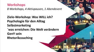 © 2015 Wildhasen.de
Workshops
8 Workshops, 4 Aktivpausen, 1 Abendevent
Ziele-Workshop: Was WILL ich?
Psychologie für den Alltag
Selbstmarketing
´was erreichen: Die Welt verändern
GenY sein
Rhetorikcoaching
 