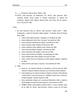 Bibliografía 229
229
15. _____ El talismán. Buenos Aires : Molino, 1944.
16. SILVA, José Asunción. De Sobremesa. En: SILVA, José Asunción. Obra
completa. Edición Crítica, Héctor H. Orjuela, coordinador. 2ª. Edición del
Centenario. Madrid, París, México, Buenos Aires, Sao Paulo, Río de Janeiro,
Lima : ALLCA XX, 1996.
Cartas
1. De José Asunción Silva en: (SILVA, José Asunción. Cartas (1881 – 1896).
Compilación y notas de Fernando Vallejo. Bogotá : Fundación Casa de Poesía
Silva, 1996):
a. Carta a “Mis viejitas queridas”. Cartagena, 21 de agosto de 1894.
b. Carta a Baldomero Sanín Cano. Caracas 7 de octubre de 1894.
c. Carta a Eduardo Villa Ricaurte. Bogotá, 3 de febrero de 1891.
d. Carta a Eduardo Zuleta. Bogotá, 24 de julio de 1890.
e. Carta a Guillermo Uribe. Bogotá, enero y febrero de 1893.
f. Carta a Gustave Moreau. Bogotá 1 de febrero de 1890.
g. Carta a Hernando Villa. Bogotá, 3 de enero de 1890.
h. Carta a Pedro Emilio Coll. Bogotá, 1 de septiembre de 1895.
i. Carta a Rafael Uribe Uribe. Bogotá 3 de enero de 1892.
j. Carta a Rosa Ponce de Portocarrero (Carta abierta). Bogotá, noviembre
de 1892.
k. Carta a Rufino José Cuervo. Caracas, 7 de noviembre de 1894.
2. Otras:
a. Carta de J. M. Samper fechada en Ambalema, el 28 de enero de 1848.
Citada en Gregorio Gutiérrez González: por el Hermano Antonio Máximo.
b. Carta dirigida por los señores Guillermo Valencia y Ricardo Tirado Macías
a Carlos Arturo Torres (Sin fecha). En: TORRES, Carlos Arturo. Eleonora.
Fantasía. Bogotá : Imprenta Nacional. 1898.
c. Carta preformada dirigida por los señores Maximiliano Grillo y Salomón
Ponce Aguilera al doctor Carmelo Arango el 12 de octubre de 1892.
d. POMBO, Rafael. Carta dirigida a Ángel y Rufino J. Cuervo. Bogotá, mayo
25 de 1896. En: SILVA, José Asunción. Poesía y prosa con 44 textos
 