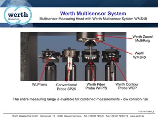 Werth Messtechnik GmbH Siemensstr. 19 35394 Giessen Germany Tel. +49 641 7938-0 Fax +49 641 7938-719 www.werth.de


The entire measuring range is available for combined measurements - low collision risk
VT-A-16-07-0851_E
Conventional
Probe SP25
Werth Fiber
Probe WFP/S
Werth Contour
Probe WCP
Werth
WMS40
Werth Zoom/
MultiRing
WLP lens
Werth Multisensor System
Multisensor Measuring Head with Werth Multisensor System WMS40
 