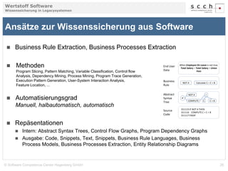 Wertstoff Software 
Wissenssicherung in Legacysystemen 
Ansätze zur Wissenssicherung aus Software 
 Business Rule Extraction, Business Processes Extraction 
 Methoden 
Program Slicing, Pattern Matching, Variable Classification, Control flow 
Analysis, Dependency Mining, Process Mining, Program Trace Generation, 
Execution Pattern Generation, User-System Interaction Analysis, 
Feature Location, ... 
 Automatisierungsgrad 
Manuell, halbautomatisch, automatisch 
 Repäsentationen 
When Employee On Leave is not true, 
Total Salary = Total Salary + Union 
Fees 
NOT A Calculate C = C + B 
IF 
NOT A 
COMPUTE C 
= 
C + B 
011115 IF NOT A THEN 
011116 COMPUTE C = C + B 
011117 ENDIF 
End User 
Data 
Business 
Rule 
Abstract 
Syntax 
Tree 
Source 
Code 
 Intern: Abstract Syntax Trees, Control Flow Graphs, Program Dependency Graphs 
 Ausgabe: Code, Snippets, Text, Snippets, Business Rule Languages, Business 
Process Models, Business Processes Extraction, Entity Relationship Diagrams 
© Software Competence Center Hagenberg GmbH 26 
 
