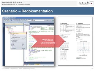 Wertstoff Software 
Wissenssicherung in Legacysystemen 
Szenario – Redokumentation 
Werkzeug-unterstützung 
© Software Competence Center Hagenberg GmbH 40 
 