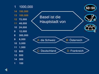 1000,000 14 150,000 13 100,000 12 72,000 11 48,000 10 24,000 9 12,000 8 300,000 6,000 3,000 1,500 800 500 300 1 100 Basel ist die Hauptstadt von   A:  die Schweiz B:  Österreich C:  Deutschland D:  Frankreich                                                    
