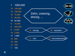 1000,000 14 150,000 13 100,000 12 72,000 11 48,000 10 24,000 9 12,000 8 300,000 6,000 3,000 1,500 800 500 300 1 100 Zehn, zwanzig, dreizig …   A:   vierzig B:   vierzehn C:   vier D:  vierundzwanzig                                                    
