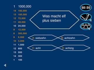 1000,000 14 150,000 13 100,000 12 72,000 11 48,000 10 24,000 9 12,000 8 300,000 6,000 3,000 1,500 800 500 300 1 100 A:  siebzehn B:  achtzehn C:  acht D:  achtzig Was macht elf plus sieben                                                        