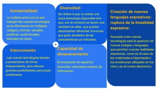 Creación de nuevos
lenguajes expresivos:
ruptura de la linealidad
expresiva:
Asociado a las nuevas
tecnologías está la aparición de
nuevos códigos y lenguajes,
que permiten nuevas realidades
expresivas, como es el caso de
los multimedia e hipermedia o
los emoticones utilizados en los
chat y en el correo electrónico.
Diversidad:
Se refiere a que no existe una
única tecnología disponible sino
que, por el contrario se tienen una
variedad de ellas, que pueden
desempeñar diferentes funciones
que giran alrededor de las
características ya indicadas.
Inmaterialidad:
La materia prima con la que
trabajan las nuevas tecnologías
es la información en múltiples
códigos y formas: visuales,
auditivas, audiovisuales,
textuales de datos.
Interconexión
.Las nuevas tecnologías tienden
a presentarse de forma
independiente, pero ofrecen
grandes posibilidades para poder
combinarse.
Capacidad de
almacenamiento
incorporación en espacios
reducidos volúmenes amplios de
información.
 