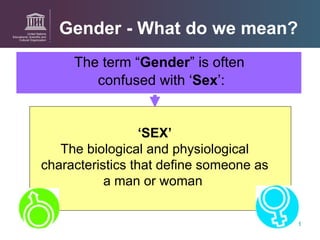 Gender - What do we mean? The term “ Gender ” is often  confused with ‘ Sex ’: ‘ SEX’ The biological and physiological characteristics that define someone as a man or woman  