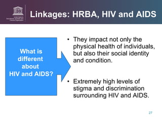 Linkages: HRBA, HIV and AIDS They impact not only the physical health of individuals, but also their social identity and condition.  Extremely high levels of stigma and discrimination surrounding HIV and AIDS. What is different  about  HIV and AIDS? 