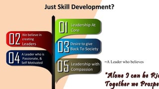 Just Skill Development?Just Skill Development?
0101
Desire to giveDesire to give
Back To SocietyBack To Society
0303
Leadership withLeadership with
CompassionCompassion0505
We believe inWe believe in
creatingcreating
LeadersLeaders0202
A Leader who isA Leader who is
Passionate, &Passionate, &
Self MotivatedSelf Motivated0404
Leadership AtLeadership At
CoreCore
–A Leader who believes
““Alone I can be RicAlone I can be Ric
Together we ProspeTogether we Prosper
 