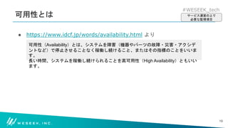 #WESEEK_tech
可用性とは
● https://www.idcf.jp/words/availability.html より
19
可用性（Availability）とは、システムを障害（機器やパーツの故障・災害・アクシデ
ントなど）で停止させることなく稼働し続けること、またはその指標のことをいいま
す。
長い時間、システムを稼働し続けられることを高可用性（High Availability）ともいい
ます。
サービス運営の上で
必要な監視項目
 