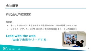 #WESEEK_tech
会社概要
株式会社WESEEK
所在地
● 本社：〒169-0051東京都新宿区西早稲田2-20-15高田馬場アクセス10F
● サテライトオフィス：〒874-0838大分県別府市荘園9-1 ルーデンス荘園305
Lead with the web
-Webで未来をリードする-
2
 
