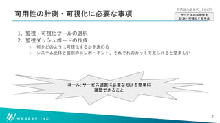 #WESEEK_tech
可用性の計測・可視化に必要な事項
1. 監視・可視化ツールの選択
2. 監視ダッシュボードの作成
○ 何をどのように可視化するかを決める
○ システム全体と個別のコンポーネント、それぞれのカットで見られると望ましい
31
サービスの可用性を
計測・可視化する手法
ゴール: サービス運営に必要な SLI を簡単に
確認できること
 