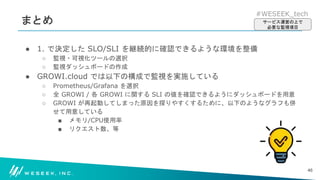 #WESEEK_tech
まとめ
● 1. で決定した SLO/SLI を継続的に確認できるような環境を整備
○ 監視・可視化ツールの選択
○ 監視ダッシュボードの作成
● GROWI.cloud では以下の構成で監視を実施している
○ Prometheus/Grafana を選択
○ 全 GROWI / 各 GROWI に関する SLI の値を確認できるようにダッシュボードを用意
○ GROWI が再起動してしまった原因を探りやすくするために、以下のようなグラフも併
せて用意している
■ メモリ/CPU使用率
■ リクエスト数、等
46
サービス運営の上で
必要な監視項目
 