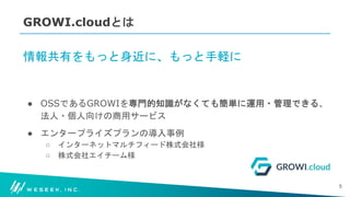 #WESEEK_tech
GROWI.cloudとは
情報共有をもっと身近に、もっと手軽に
● OSSであるGROWIを専門的知識がなくても簡単に運用・管理できる、
法人・個人向けの商用サービス
● エンタープライズプランの導入事例
○ インターネットマルチフィード株式会社様
○ 株式会社エイチーム様
5
 