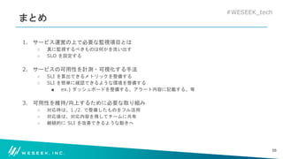 #WESEEK_tech
まとめ
1. サービス運営の上で必要な監視項目とは
○ 真に監視するべきものは何かを洗い出す
○ SLO を設定する
2. サービスの可用性を計測・可視化する手法
○ SLI を算出できるメトリックを整備する
○ SLI を簡単に確認できるような環境を整備する
■ ex.) ダッシュボードを整備する、アラート内容に記載する、等
3. 可用性を維持/向上するために必要な取り組み
○ 対応時は、1./2. で整備したものをフル活用
○ 対応後は、対応内容を残してチームに共有
○ 継続的に SLI を改善できるような動きへ
58
 