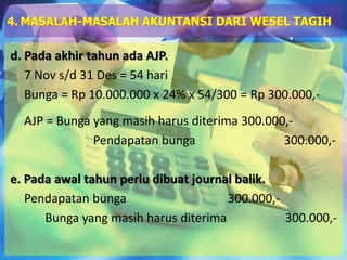 d. Pada akhir tahun ada AJP.
7 Nov s/d 31 Des = 54 hari
Bunga = Rp 10.000.000 x 24% x 54/300 = Rp 300.000,-
AJP = Bunga yang masih harus diterima 300.000,-
Pendapatan bunga 300.000,-
e. Pada awal tahun perlu dibuat journal balik.
Pendapatan bunga 300.000,-
Bunga yang masih harus diterima 300.000,-
4. MASALAH-MASALAH AKUNTANSI DARI WESEL TAGIH
 