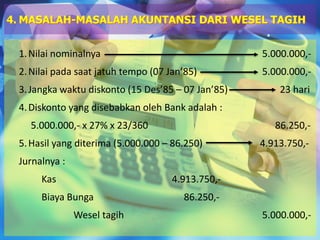 1.Nilai nominalnya 5.000.000,-
2.Nilai pada saat jatuh tempo (07 Jan’85) 5.000.000,-
3.Jangka waktu diskonto (15 Des’85 – 07 Jan’85) 23 hari
4.Diskonto yang disebabkan oleh Bank adalah :
5.000.000,- x 27% x 23/360 86.250,-
5.Hasil yang diterima (5.000.000 – 86.250) 4.913.750,-
Jurnalnya :
Kas 4.913.750,-
Biaya Bunga 86.250,-
Wesel tagih 5.000.000,-
4. MASALAH-MASALAH AKUNTANSI DARI WESEL TAGIH
 