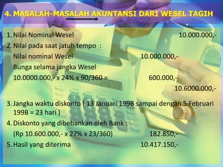 1.Nilai Nominal Wesel 10.000.000,-
2.Nilai pada saat jatuh tempo :
Nilai nominal Wesel 10.000.000,-
Bunga selama jangka Wesel
10.0000.000,- x 24% x 90/360 = 600.000,-
10.6000.000,-
3.Jangka waktu diskonto ( 13 Januari 199B sampai dengan 5 Februari
199B = 23 hari )
4.Diskonto yang dibebankan oleh Bank :
(Rp 10.600.000,- x 27% x 23/360) 182.850,-
5.Hasil yang diterima 10.417.150,-
4. MASALAH-MASALAH AKUNTANSI DARI WESEL TAGIH
 