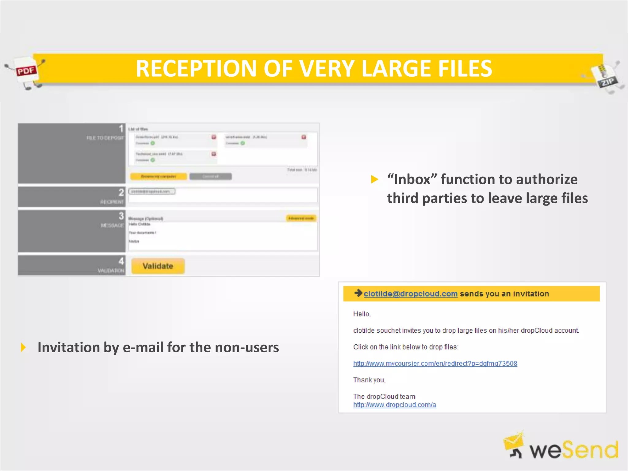 RECEPTION OF VERY LARGE FILES



                                            “Inbox” function to authorize
                                             third parties to leave large files




 Invitation by e-mail for the non-users
 